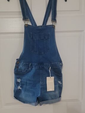 YMI Light Blue Distressed Denim Short Overalls